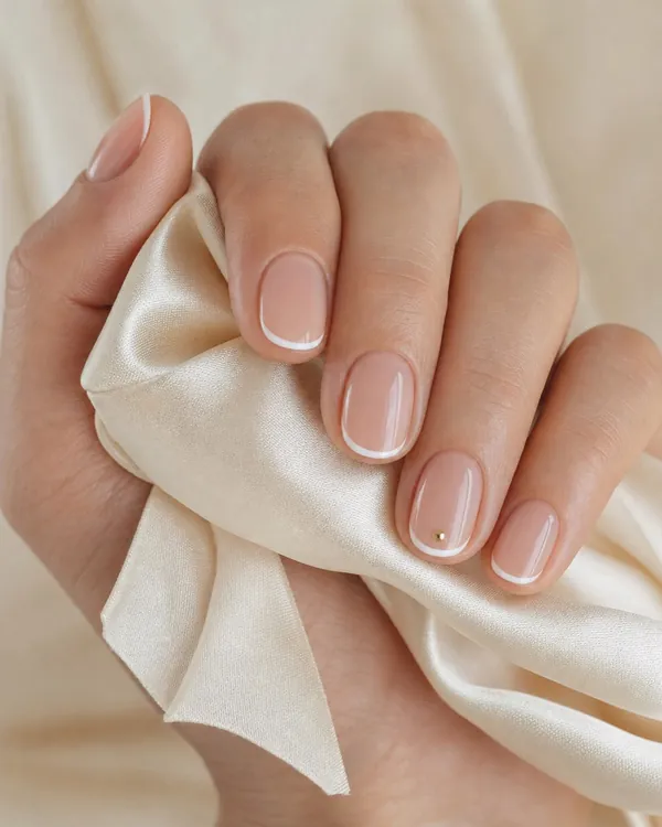 Minimal nude manicure with micro French tips and a gold accent