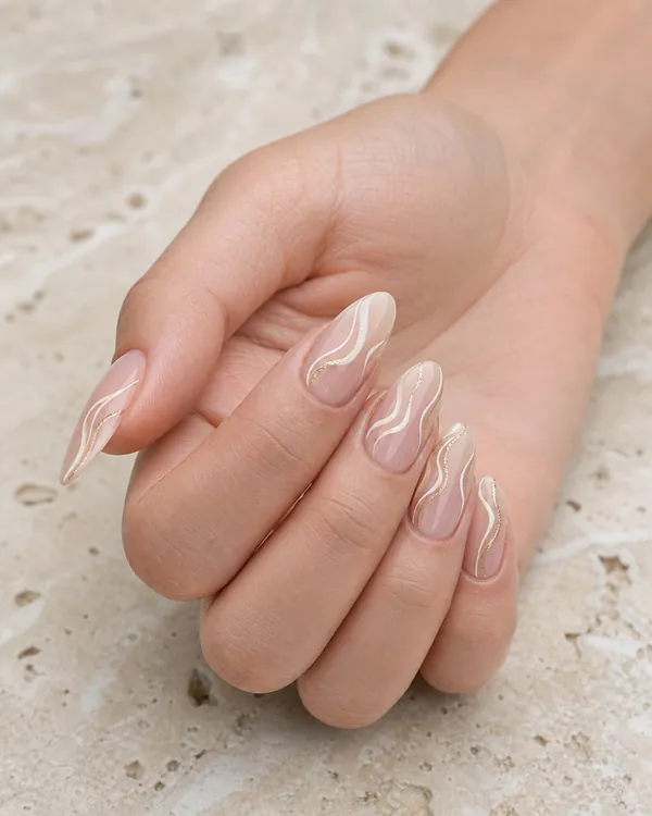 Nude almond nails with flowing white and gold ribbon line art