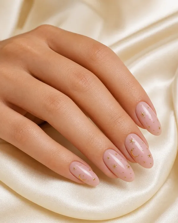 Blush almond nails decorated with tiny gold stars and crescent moons