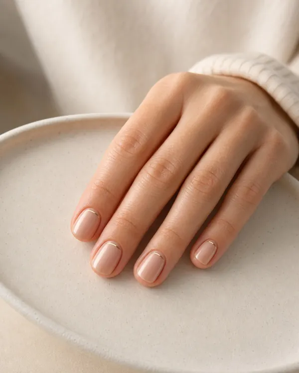 Short nude nails finished with a fine gold cuticle cuff