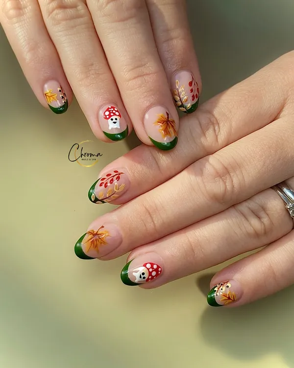 Green French tips with autumn leaves and tiny mushrooms